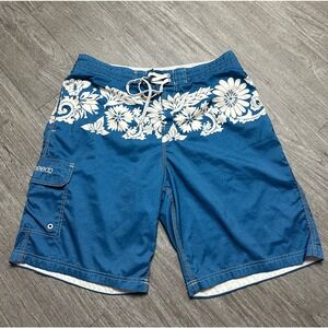 Speedo Blue White Hawaiian Floral Lined Swim Surf Board Shorts Men Size L